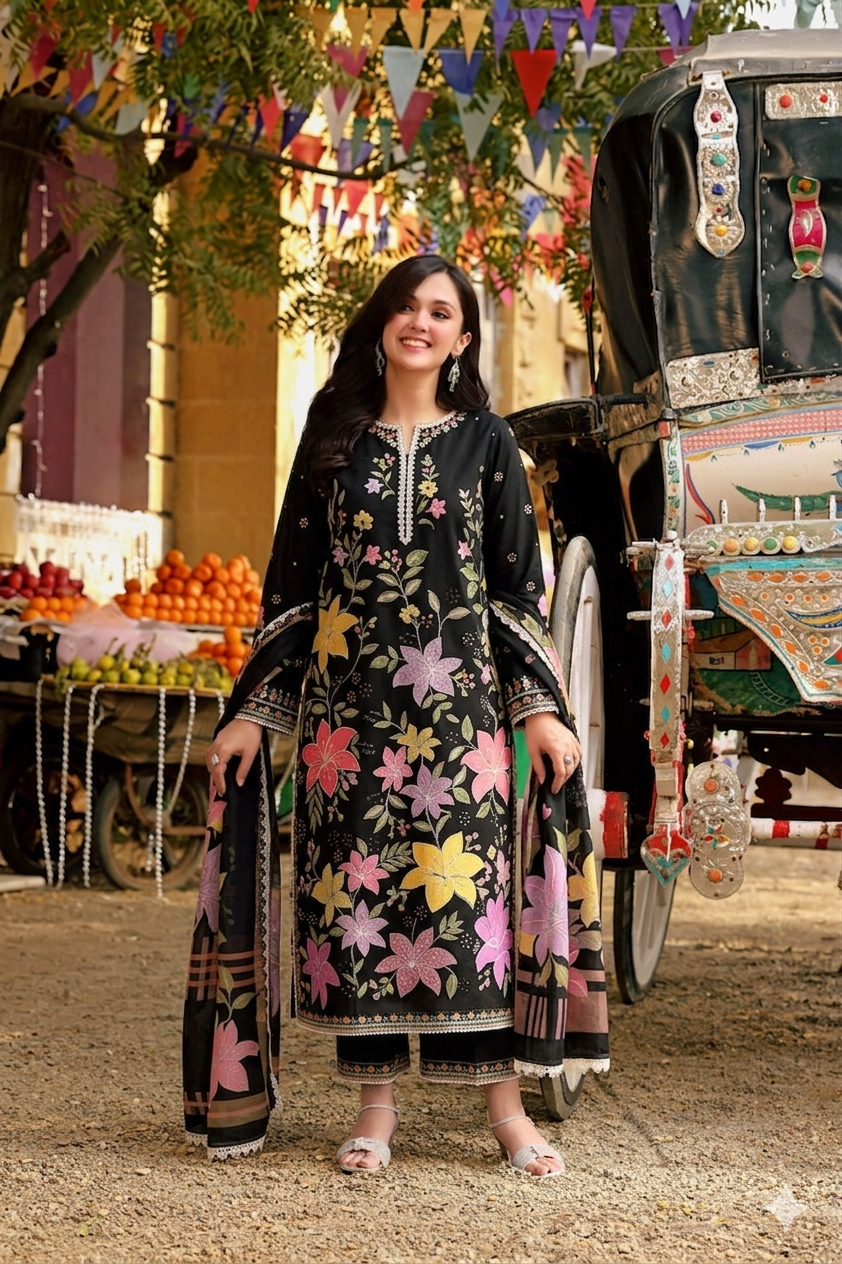 BLACK FLORAL 3PC EMB