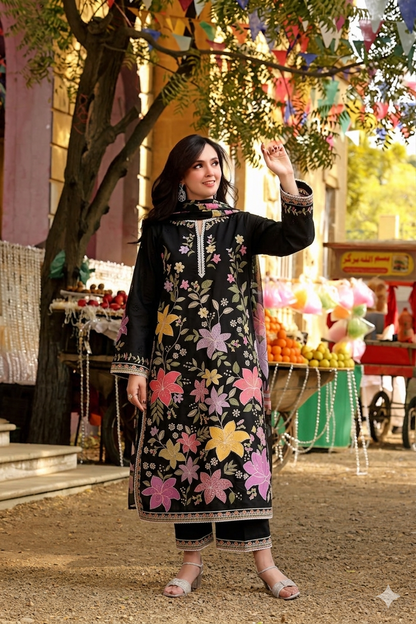 BLACK FLORAL 3PC EMB