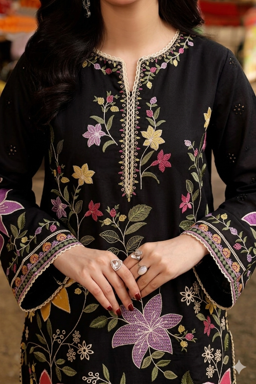 BLACK FLORAL 3PC EMB